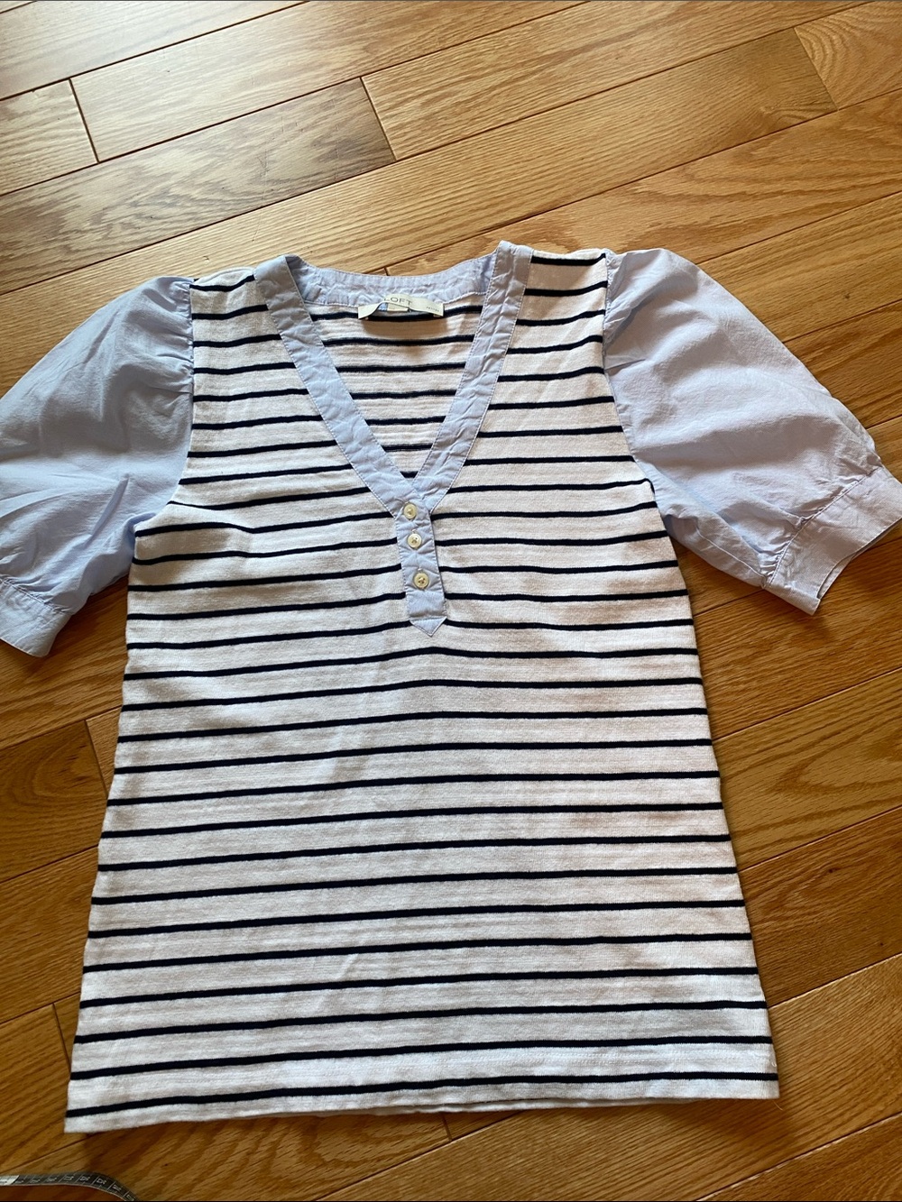 LOFT Striped V-Neck Short Sleeve Top in White and Navy
